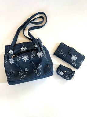 Embroidered Floral Denim Purse Set with Wallet and Coin Pouch Boho Y2K